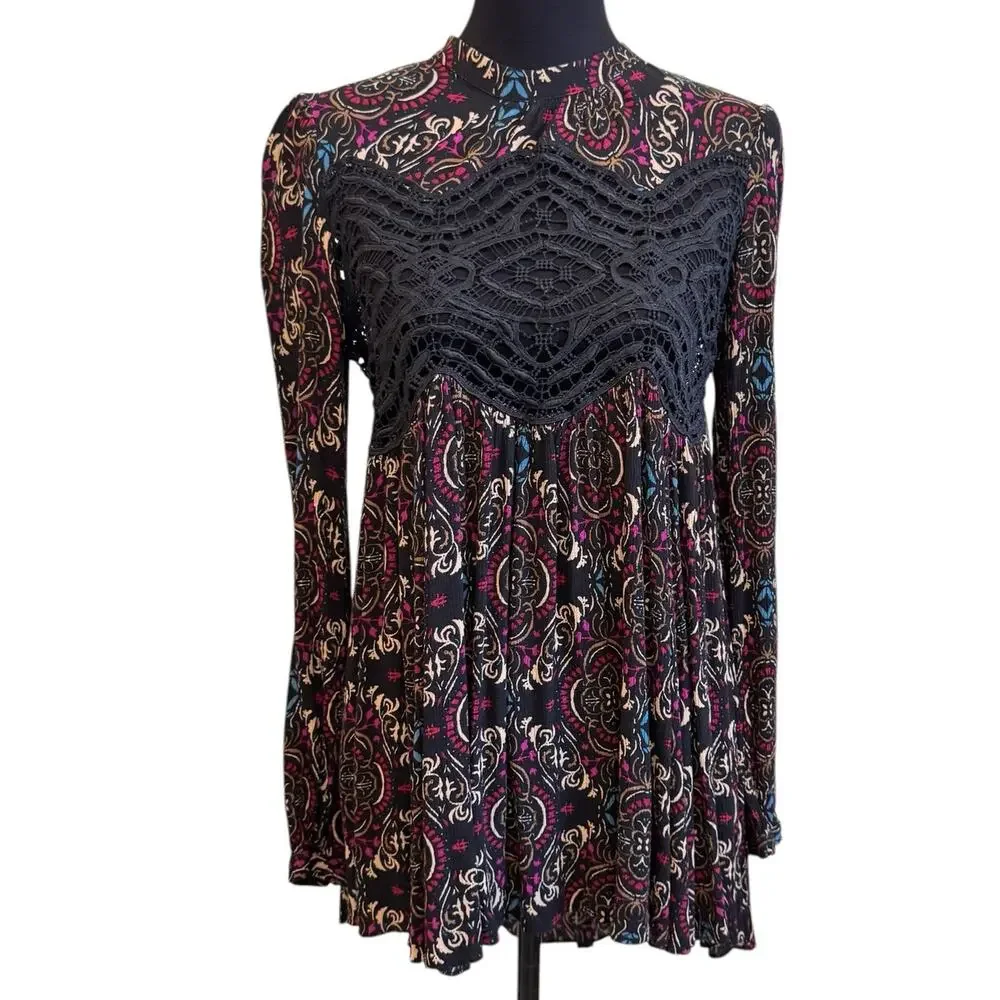 NEW FREE PEOPLE Black Paisley Print Tunic Dress Size S